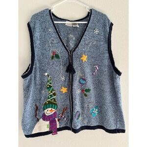 White Stag Christmas Vest‎ Womens Size 26W Blue Holiday Snowman Festive Vintage
